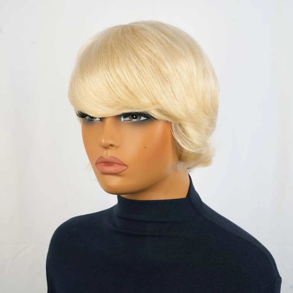Straight blonde Short Pixie Cut Wig for Black Women with Bangs Short Bob Machine Made Human Hair Wig