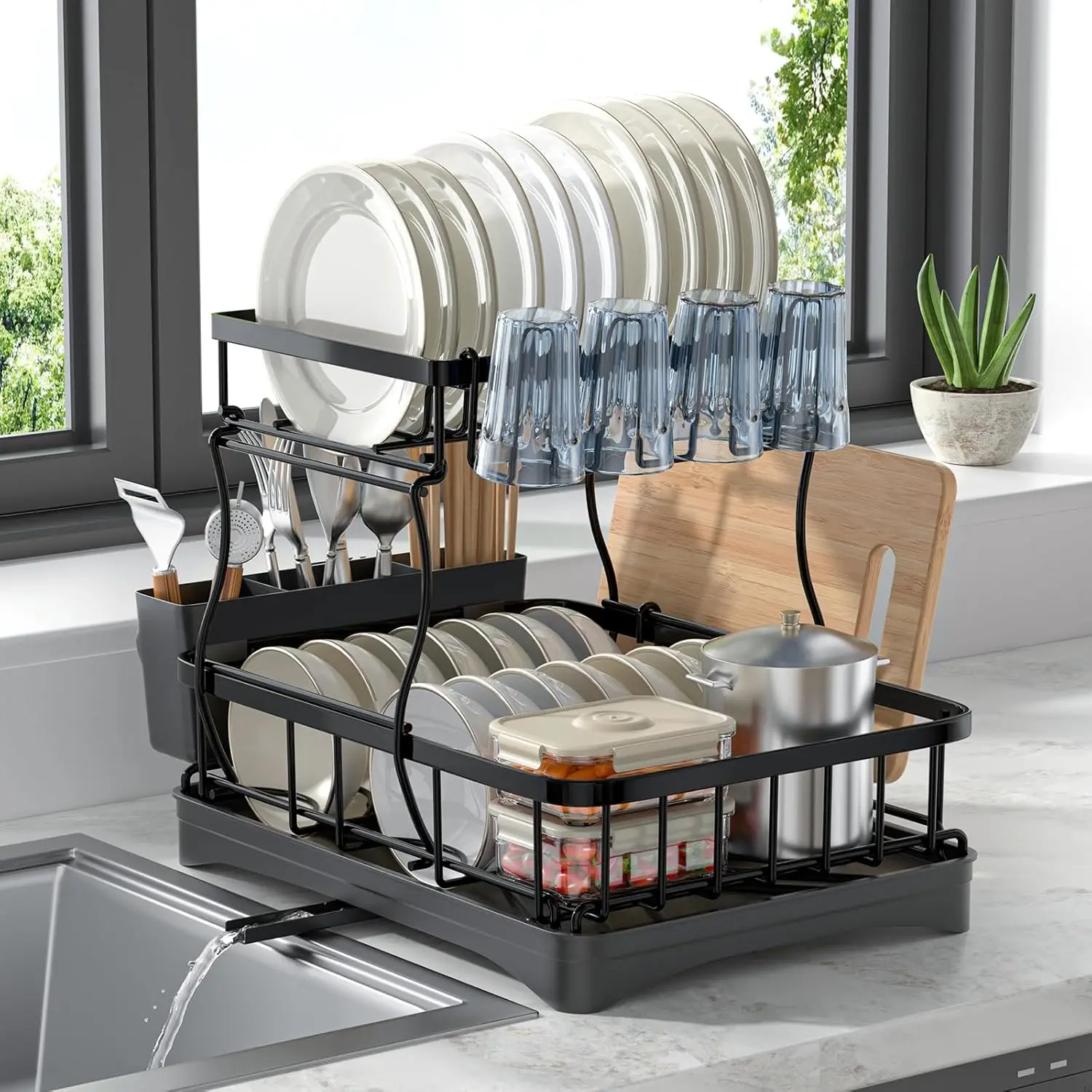 

2 Tier Dish Drying Rack, Carbon Steel Kitchen Organizer with Drain Tray, Large Capacity Black