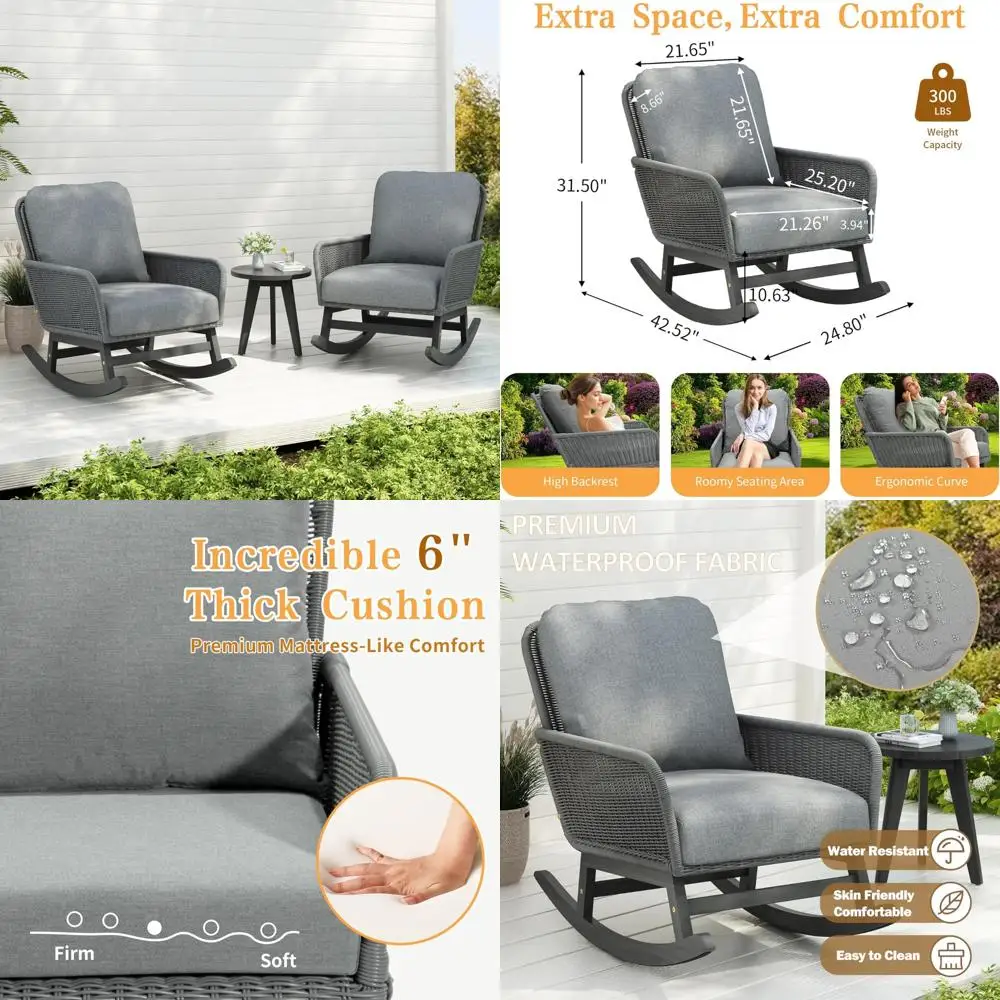 All-Weather PE Wicker 3-Piece Outdoor Rocking Chair Set with Side Table - Modern Rattan Patio Furniture for Small Spaces