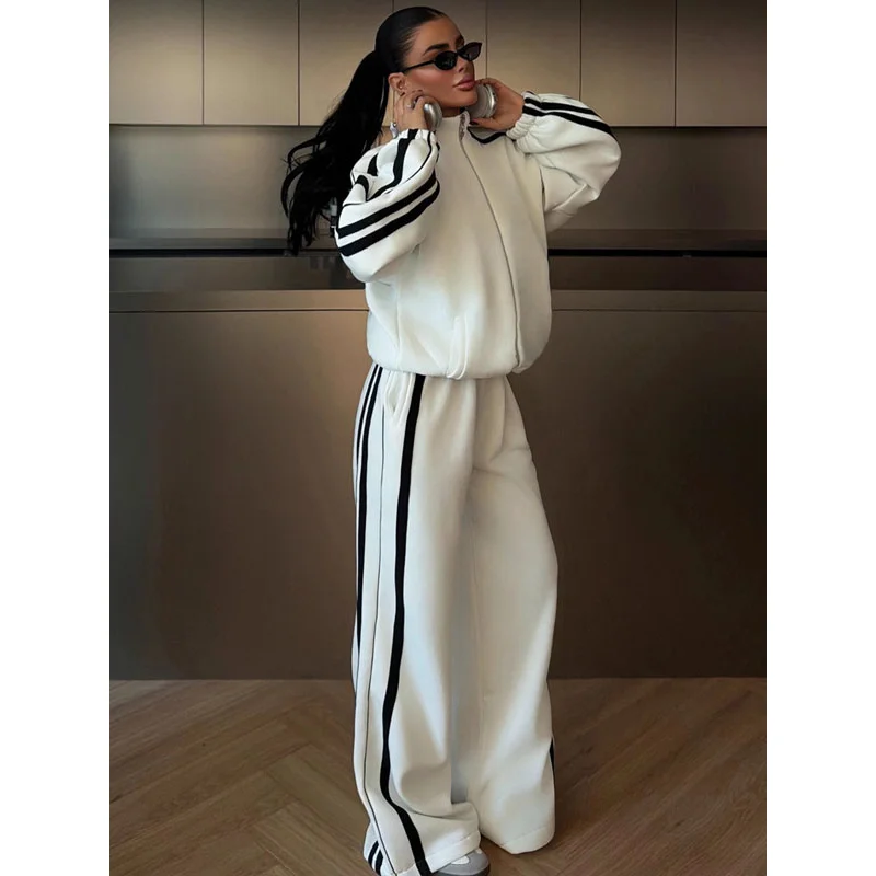 

BKQU Contrasting Color Women Hoodie Pant Suits Full Sleeve Zipper Pocket Jacket Drawstring Wide Leg Pants 2 Pieces Y2k Tracksuit