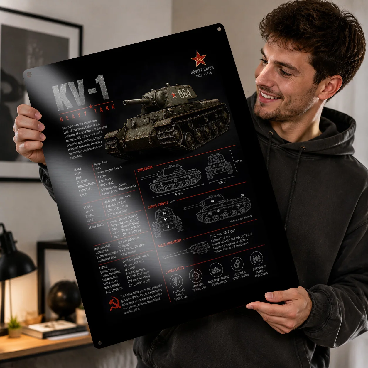 KV-1 Heavy Tank Information 3D Texture Printed Poster Custom Vintage Metal Tin Plate Sign for Wall Art Room Decoration Cozy Home