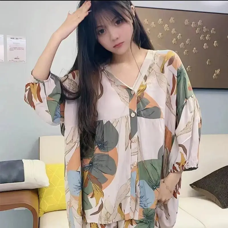 Baggy Pajama Sets Women XL-4XL Chic Lantern Sleeve Summer Elegant New Sleepwear Simple Lady Thin Breathable Ins Popular Young