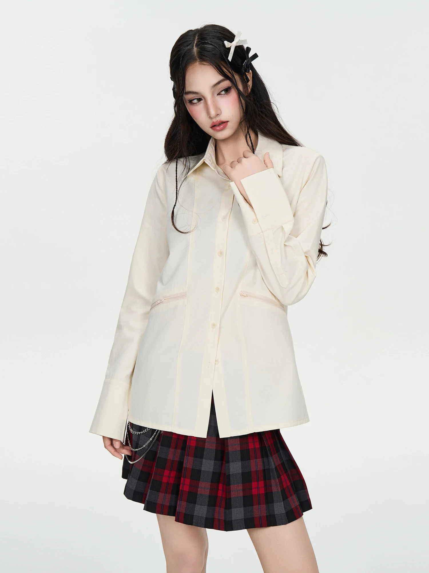 

Modern Style Long Sleeve Shirt IUNAE LUMEN Early Spring New Arrival Simple Design Zipper Slanting Feature Beige Color Women's...