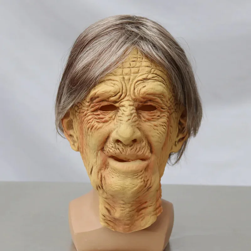 Máscara de látex de pelo blanco para Halloween, disfraz de bruja de abuela aterradora para fiesta Rave, accesorio de Cosplay de abuela realista