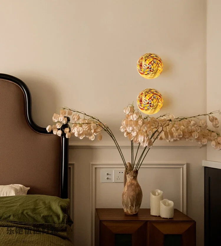 

Vintage round ball wall lamp, stained glass, bedroom bedside ambient lamp, corridor lamp, antique mirror headlamp