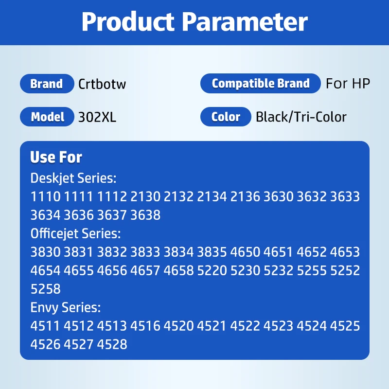 CRTBOTW-Cartuchos de tinta para impressora HP, 302 XL, 302XL, Deskjet recarregáveis 1110, 3639, 3831, 3630, Envy 4650, 4525, 4527