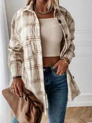 Instagram influencer autumn and winter loose and casual retro plaid long sleeved shirt jacket asymmetrical long plaid shirt