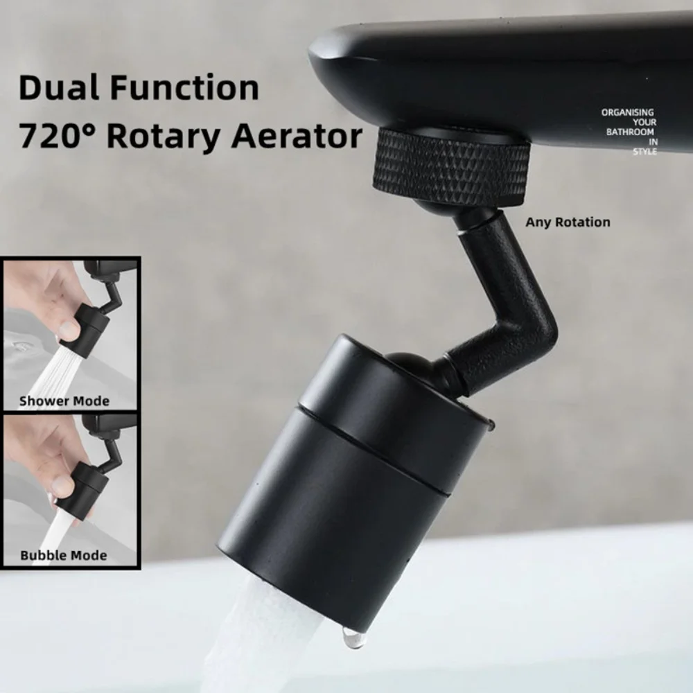 New Black 720° Rotatable Faucet Adapter Splash Filter Sprayer Head Brass Dual Mode Water Outlet Tap Extender Kitchen Accessories