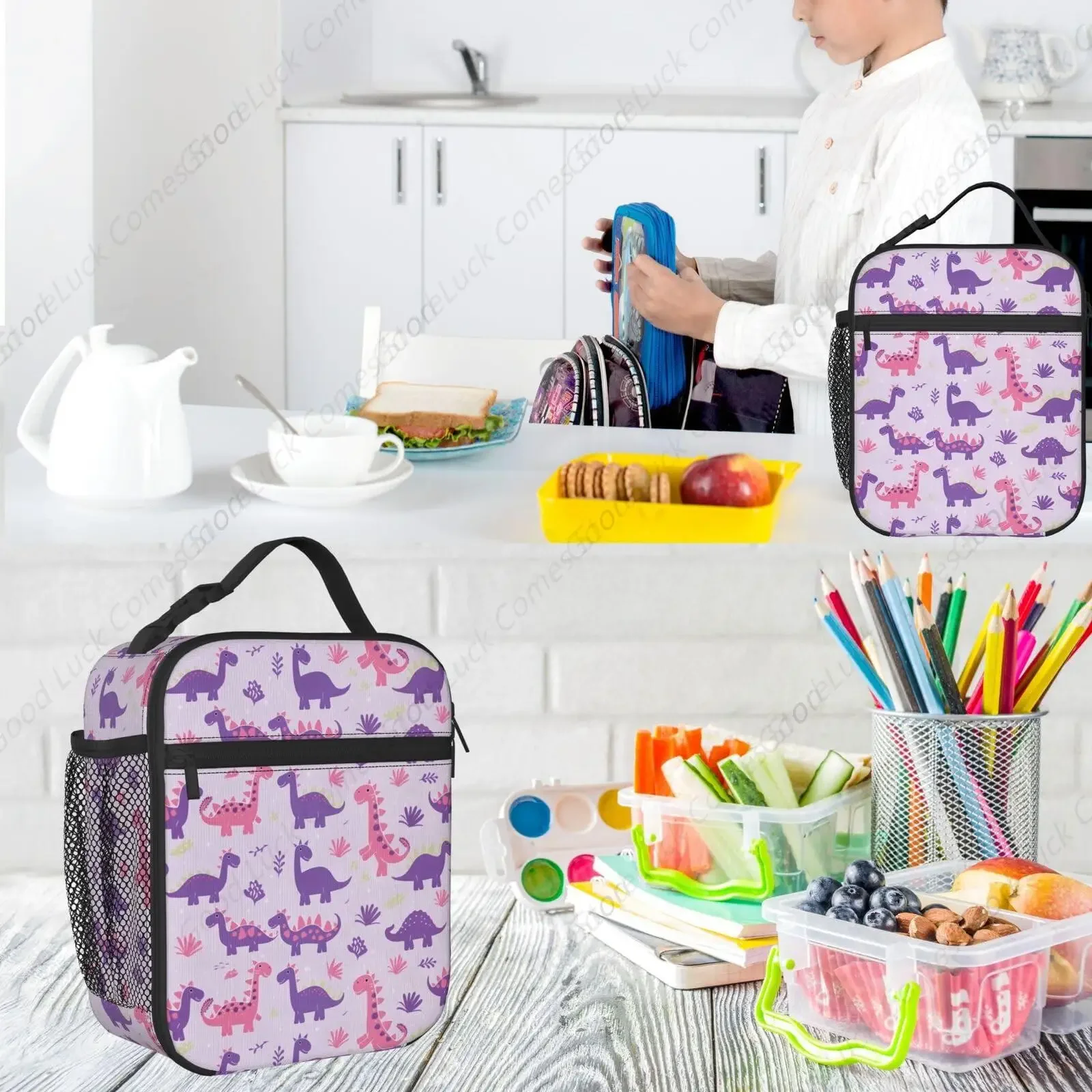Lilac Dinosaur Lunch Box - Insulated Lunch Bags for Boys/Girls/Women/Men Detachable Handle Lunchbox Meal Tote Bag view 5
