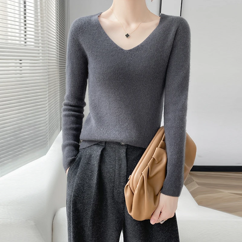 100% merino sweater women\'s V-neck pullover slim knit bottoming shirt long sleeve threaded cashmere top