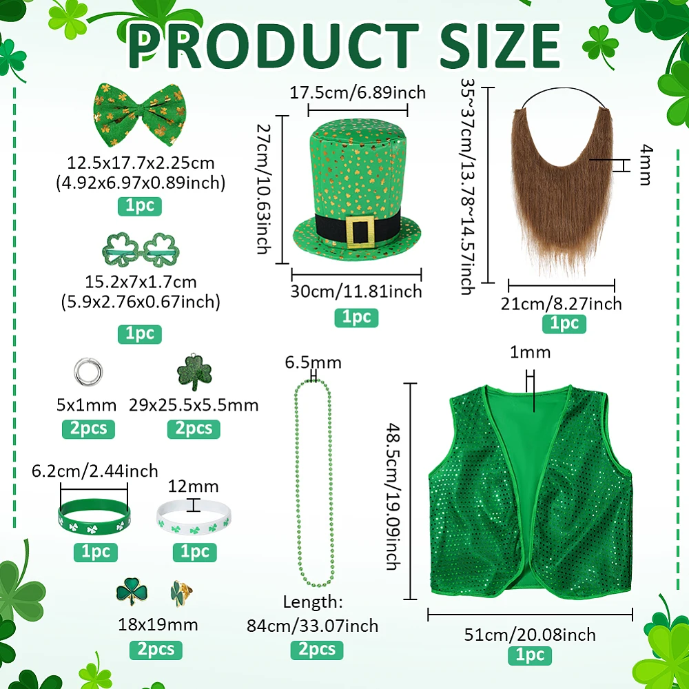 13pcs St. Patrick's Day Costume Suit Set Includes Hat Vest Tie Mustaches Bracelet Necklace Pins Charms Leprechaun Accessories