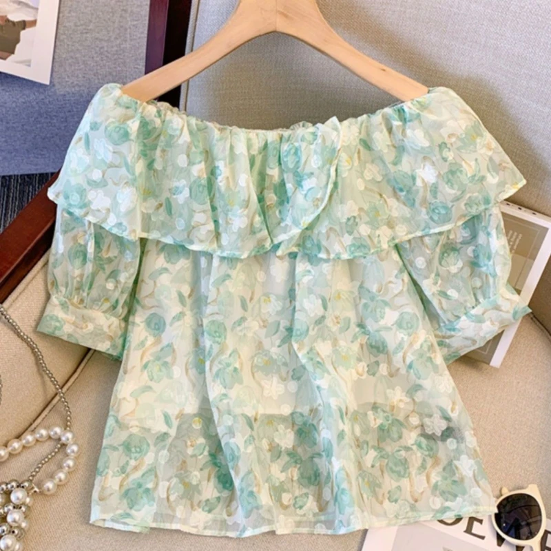 

Маленькая шифоновая рубашка с открытыми плечами и цветочным принтом, женская рубашка Super Fairy с рюшами и краями
