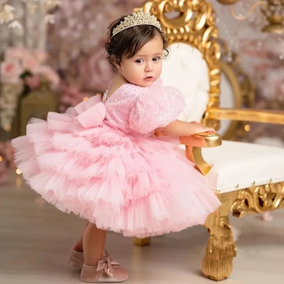 Luxurious Flower Girl Dress Green Puffy Girls Party Dresses for Wedding Short Sleeves Tulle Kids Christmas Ceremonial Dress