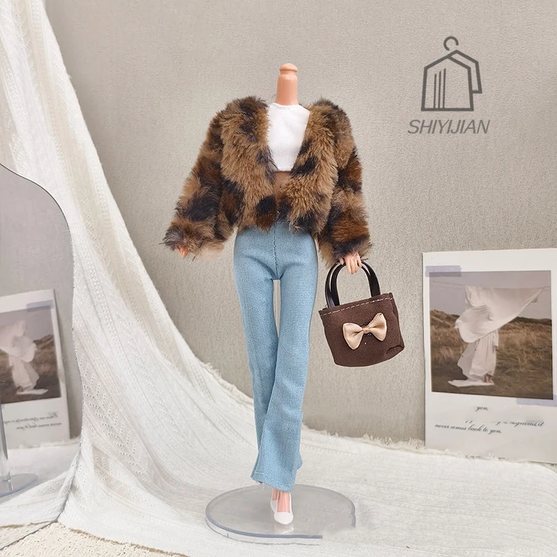 

30cm Doll Clothes Fashion Spice Girl Leopard Print Fur Coat Jeans White Inside Set DIY Dress-up Toy Accessories For 1/6 FR Doll