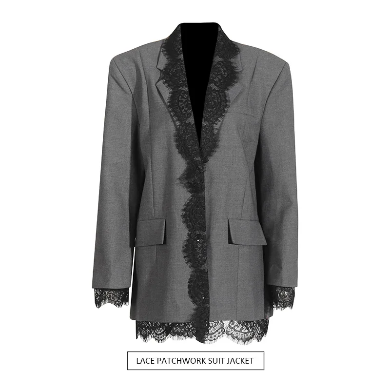 

Fashion design sense suit 2025 summer new lace splicing embroidered lapel temperament gray blazer luxe femme ropa mujer traf