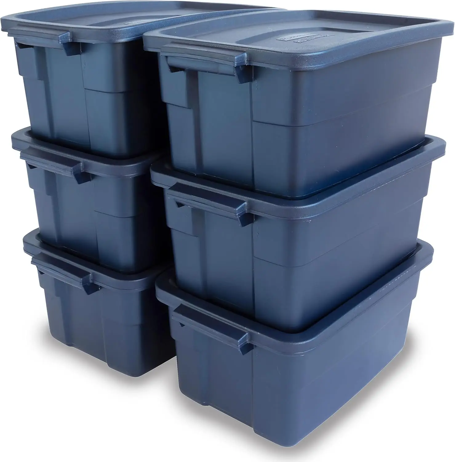 Rubbermaid Roughneck Tote 3 Gal, 6 Pack, Made in USA, Dark Indigo Metallic, Rugged Plastic Stackable Storage Bins with Lids and