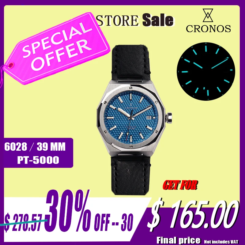 Cronos relógio masculino de luxo 39mm skyline automático pt5000 sw200 relógios de pulso pulseira de couro safira 10atm transparente volta l6028m