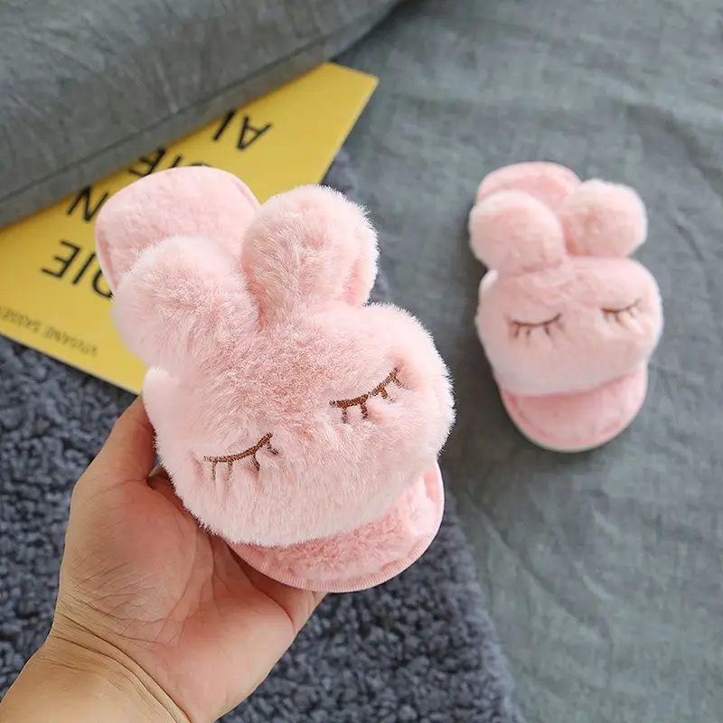 Super Soft Kids Girls Winter Slippers Furry Plush Indoor Anti Slip Cartoon Rabbit Slippers for Children Warm Cotton House Shoes