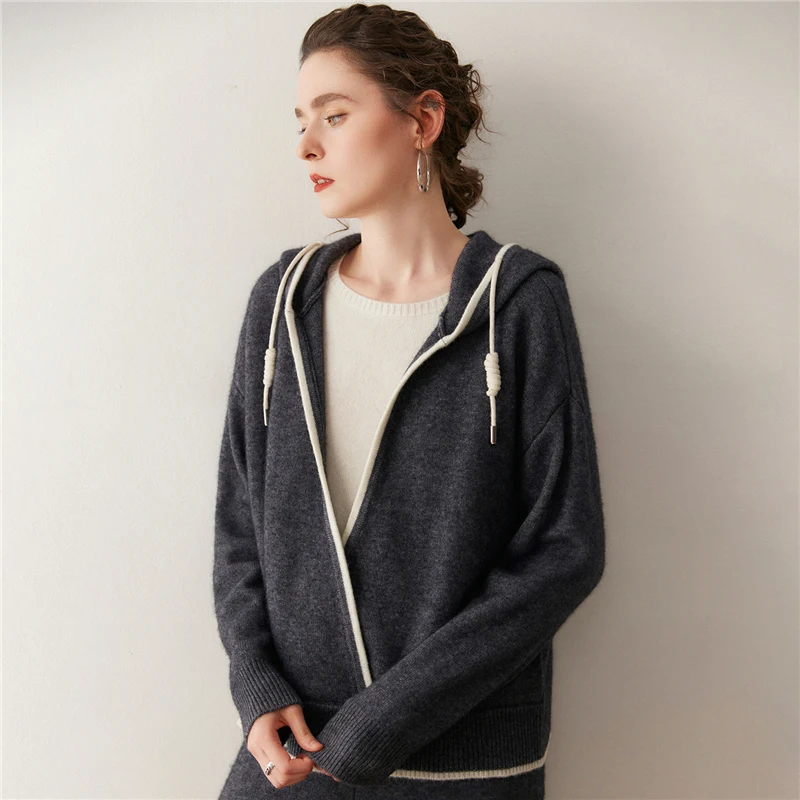 

Aliselect Women Cashmere Hooded Pullover Sweater 100% Cashmere Knitwear Spring Autumn Casual Simple Style Hoodie Clothing Tops