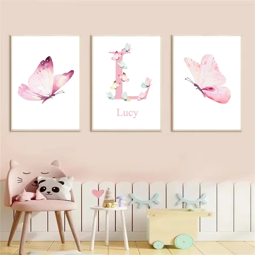 Pink Custom Name Poster Butterfly Canvas Painting Nordic Posters and Prints Nursery Wall Art Picture Baby Girl Room Decoration