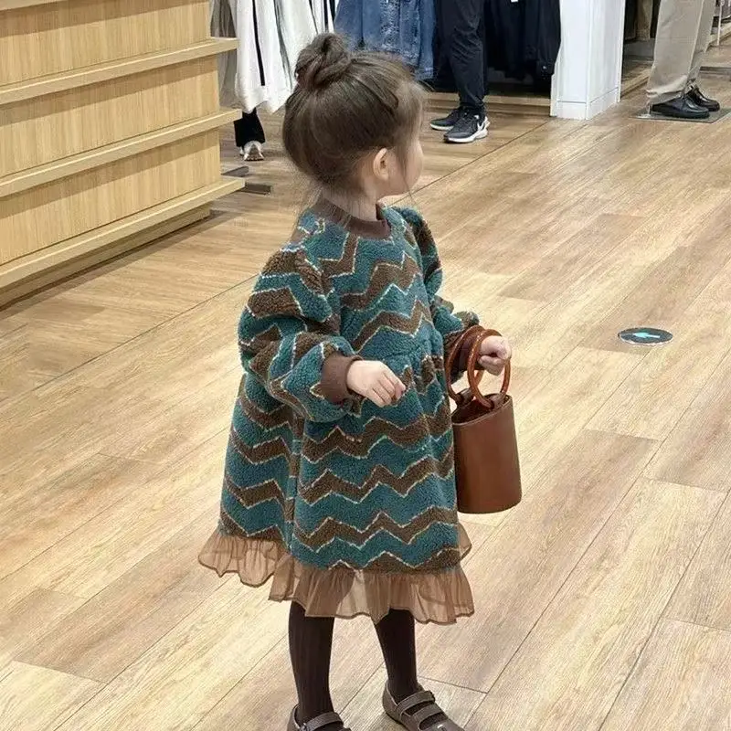 

Children Korean Style Dress Winter New Children Clothing Small Children Pile Thickened Wavy Plush Lace Skirt Girl Clothes