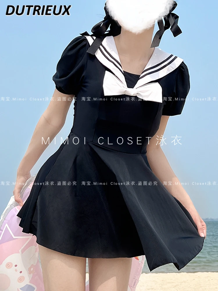 Summer New Black Sailor Collar Dress Swimsuit Japanese Cute Covered Belly Swimwear One-Piece Hot Spring Bathing Suit Women