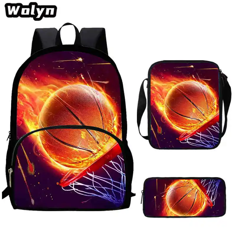 3Pcs Set Basketball Image School Backpacks with Shoulder Bags Pencil Case,Large Capacity School Bags for Boys Girls Bookbags