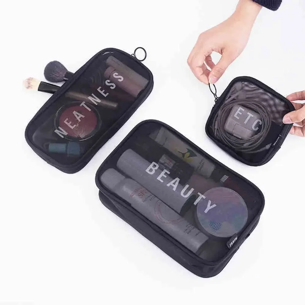 Women Fashion Makeup Bag Women Solid Color Zipper Cosmetic Bag Mesh Transparent Casual Travel Portable Mini Wash Storage Bags