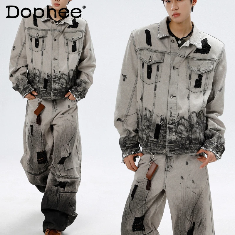 

Men's 2025 Spring Autumn New 2pcs Beaded Tie-Dye Denim Jackets Jeans Men's American Style Fashion Loose Comfort Two-Piece Sets
