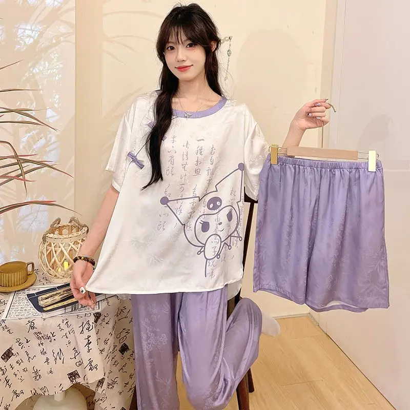 

New Sanrio Home Clothes Hello Kitty Kuromi Ice Silk Pajamas Summer Thin Three-piece Set New Chinese Clothes Can Be Worn Outside