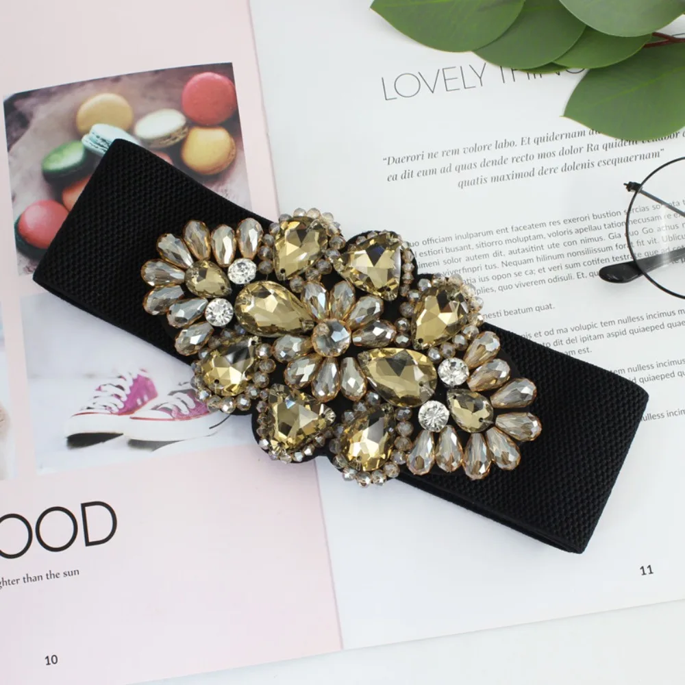 

Fashion Flower Elastic Cummerbunds Korean Style Wide Women Waistband Strap Belt Black Rhinestone Waist Belt Overcoat