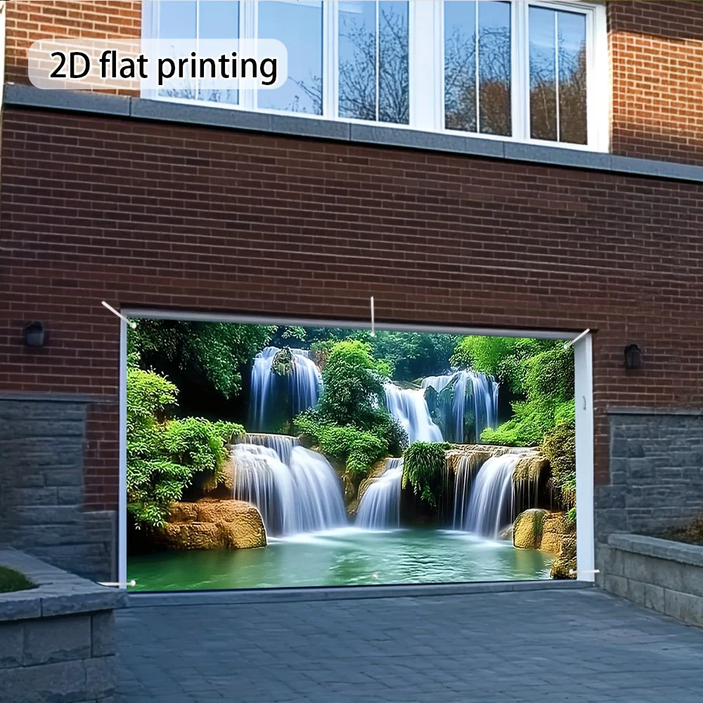 1pc 2D flat print Rainforest waterfall spring garage door banner Vibrant beach scene decoration Summer party