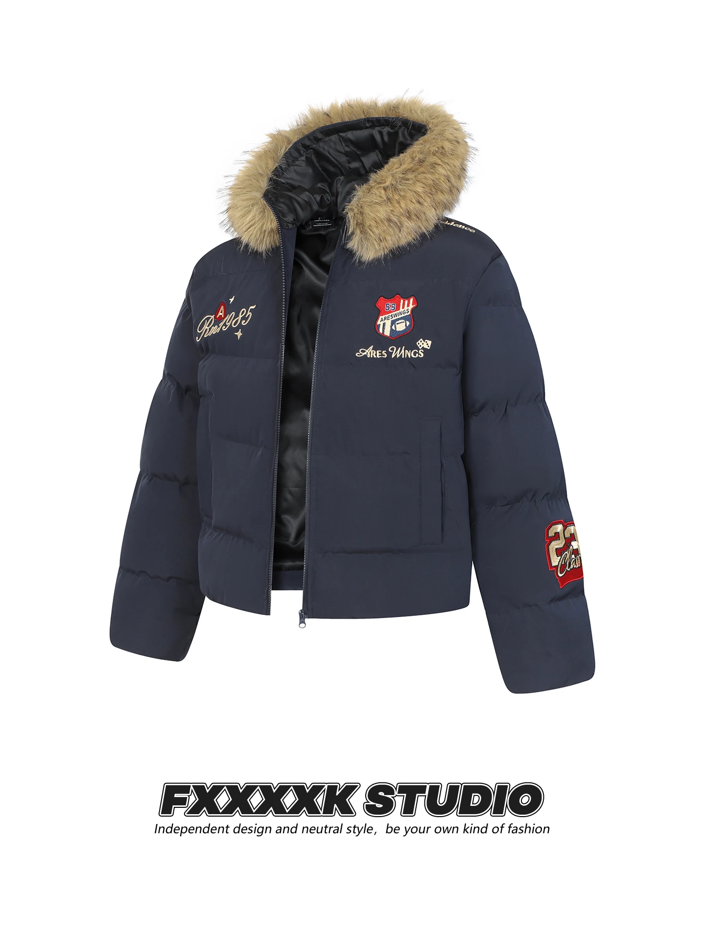 

FXK Original American Retro Embroidered Bae Removable Hood Thiened Warm Cotton Jaet for Men Youth Casual Winter Coat