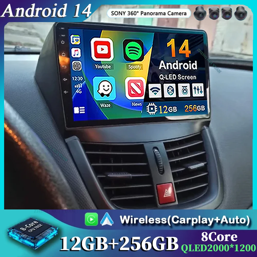 Für Peugeot 207 2006 - 2015 Android 14 12 + 256 GB CarPlay Auto Auto Radio Multimedia Video Player