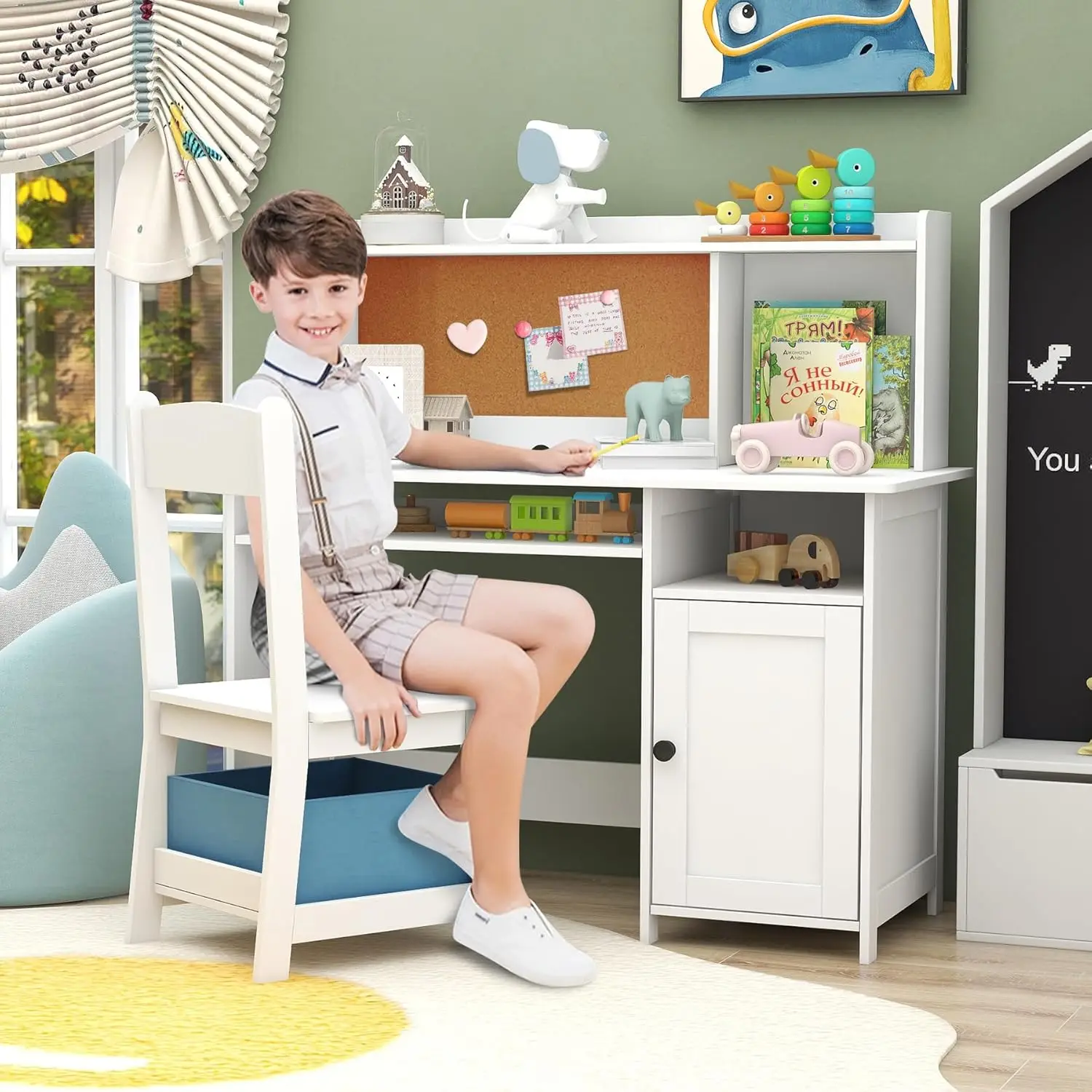 

Детский стол и стул с полкой для хранения, деревянный учебный стол для спальни, белый