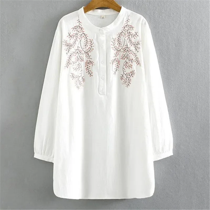 Embroidery T-Shirt Medium Long Long Sleeves Round Collar 2021 Autumn Loose National Wind Cotton Shirt Large Size Women's Dress