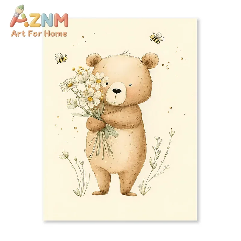 (2D canvas painting)Cute Bear Bee Floral Poster Warm Children's Room Decorative Art Canvas Print Painting Home Decor for Kids