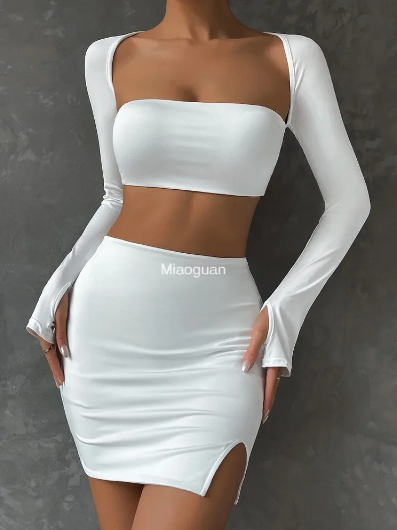 Casual 2 PCS Sexy White Mini Dress Set 2024 New Long Sleeve Top Summer Skirts Suits Bodycon Women\'s Party Short Split Dress Suit