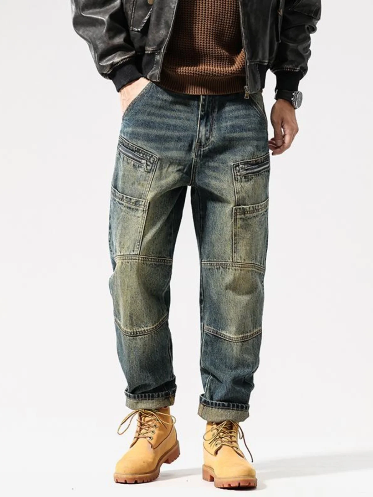 

American Retro High Street 3D Mosaic Multi ket Men's Loose Straight Leg Workwear Casual Motorcycle Long Jeans