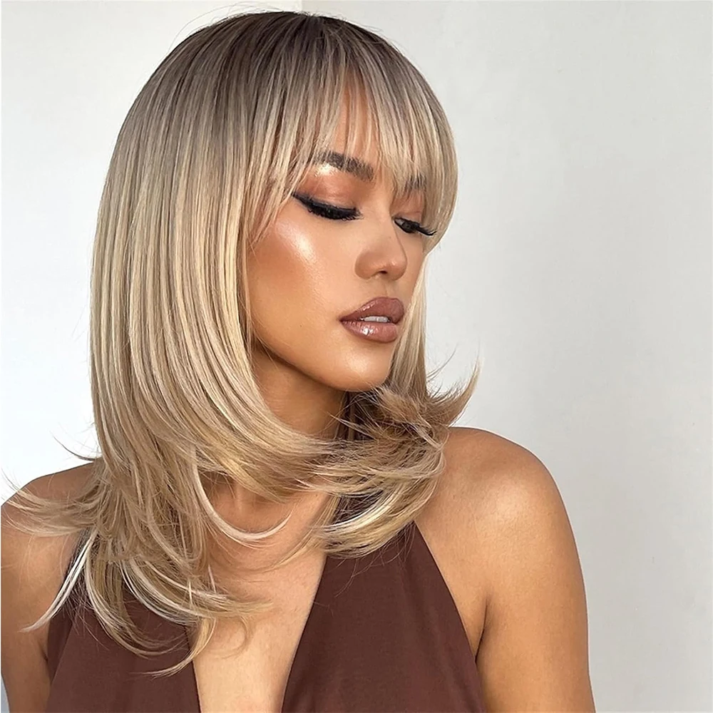 Synthetic Wig for Women Golden Blonde Ombre Natural Hair Wigs with Bangs Cosplay Wigs Medium Length Heat Resistant Fiber Daily