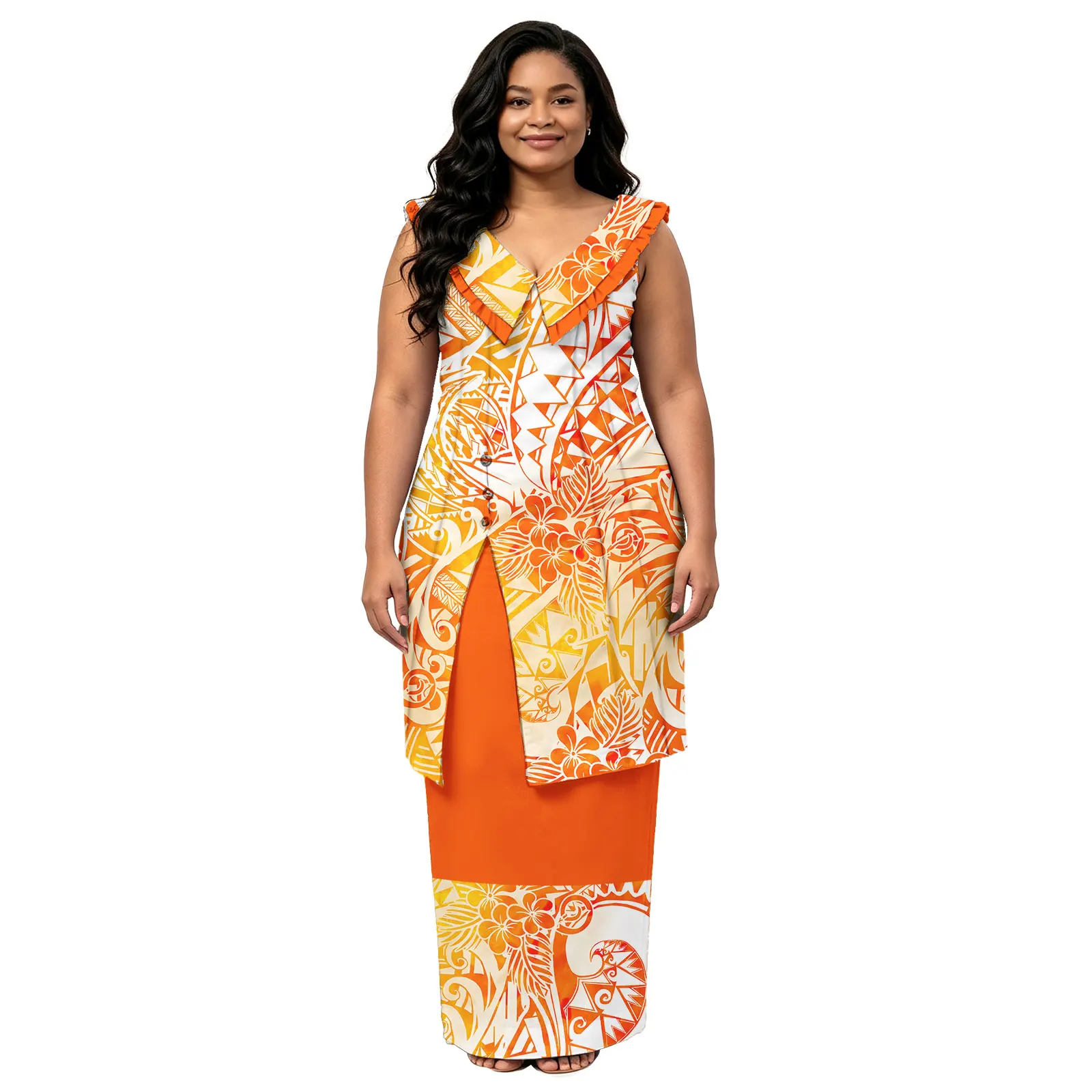Fall Brand New Tribal Design Plus Size Ladies Clothes Dress Polynesian Puletasi Women's Slit Design Petal V-Neck Samoan Puletasi