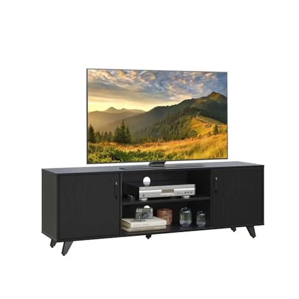 TV Stand Cabinet 2 Doors 2 Cubby Storages MDF Black 53.5