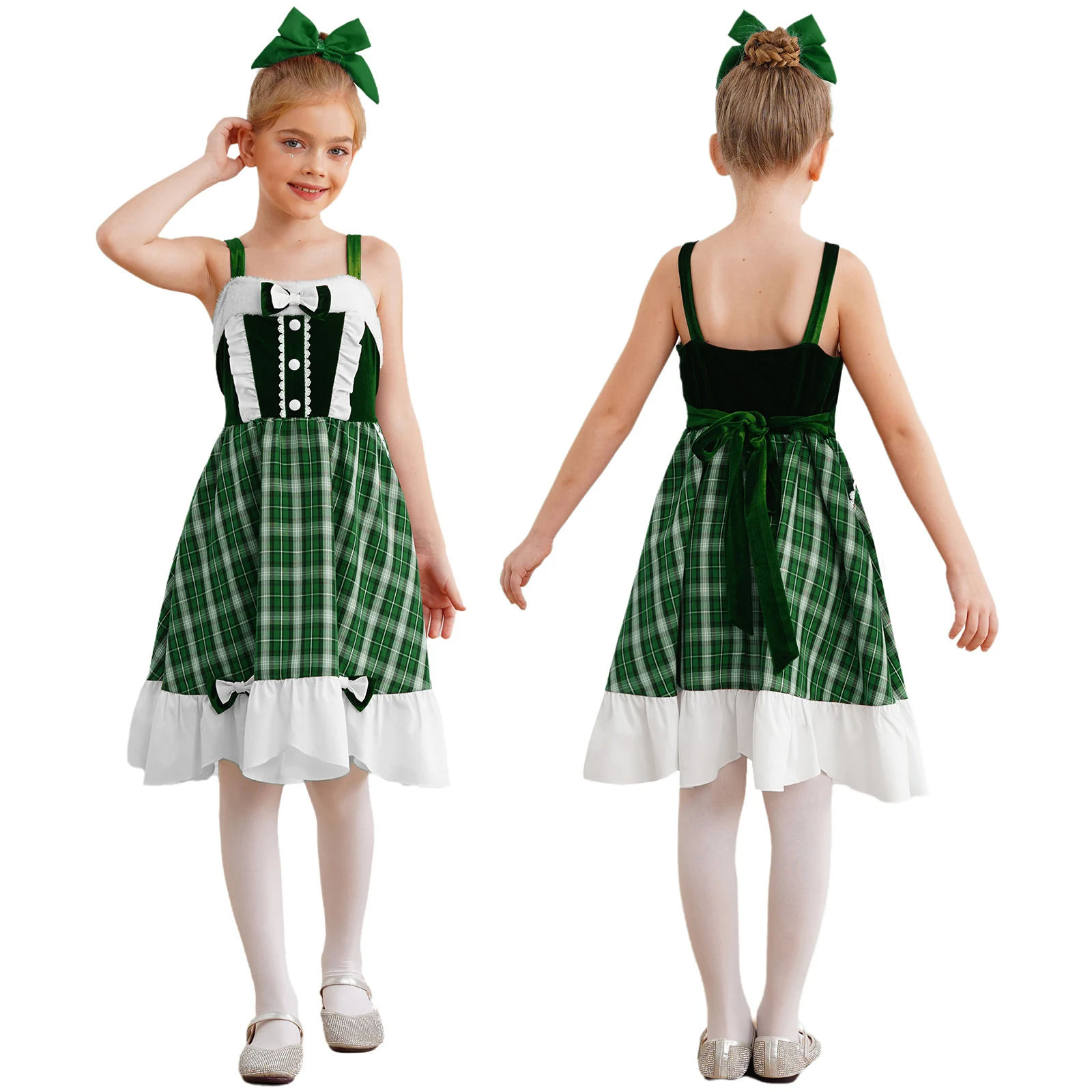 Girls Christmas Party Princess Plaid Dress Sleeveless High Waist Bow Knot Ruffle A-line Dresses Xmas New Year Festival Costume