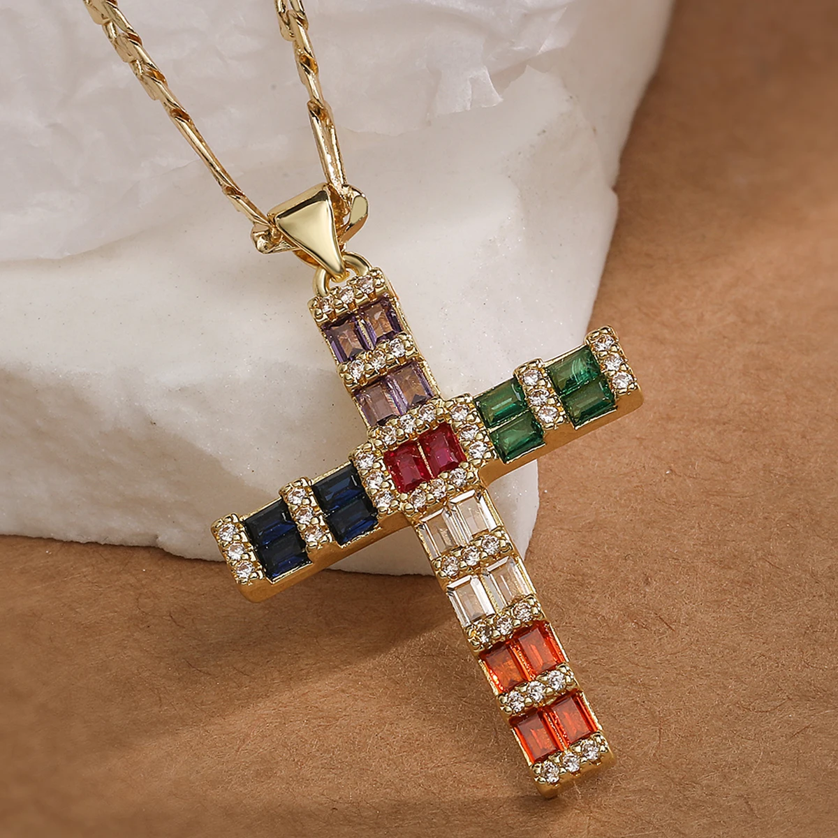 NEWBUY Gold Rainbow Multicolor CZ Cross Pendant Necklace 2 Styles Figaro Chain Hip Hop Daily Stackable Jewelry