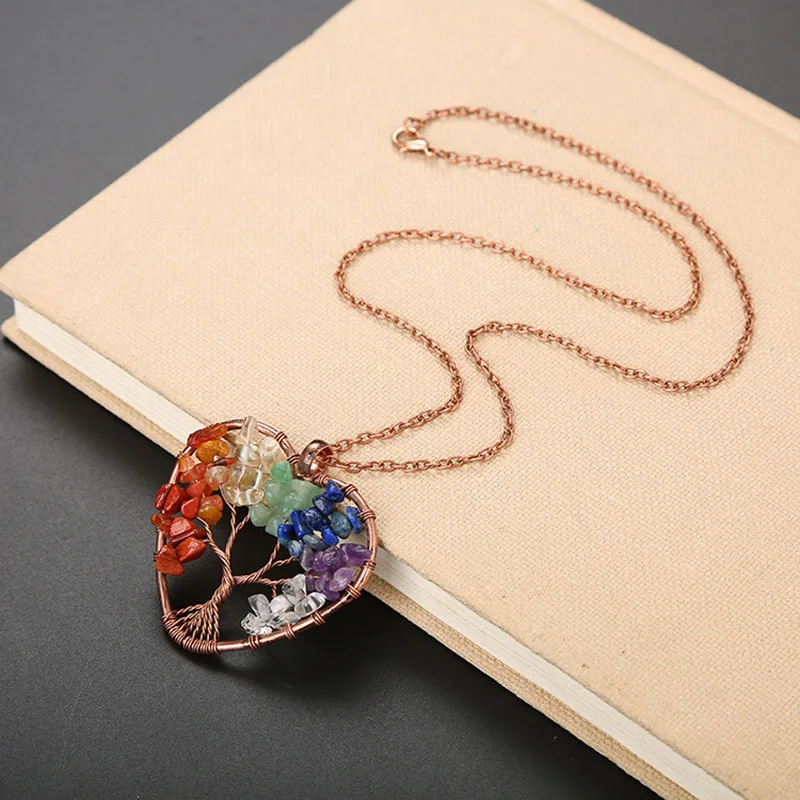 Fashion Tree Of Life Pendant Necklace Jewelry Natural Stone Healing Crystal Stone Necklace For Woman Yoga Accessories