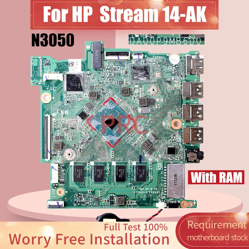 For HP  Stream 14-AK Laptop Motherboard DA00P9MB6D0 905304-001 L06655-001 SR29H N3050 With RAM Notebook Mainboard