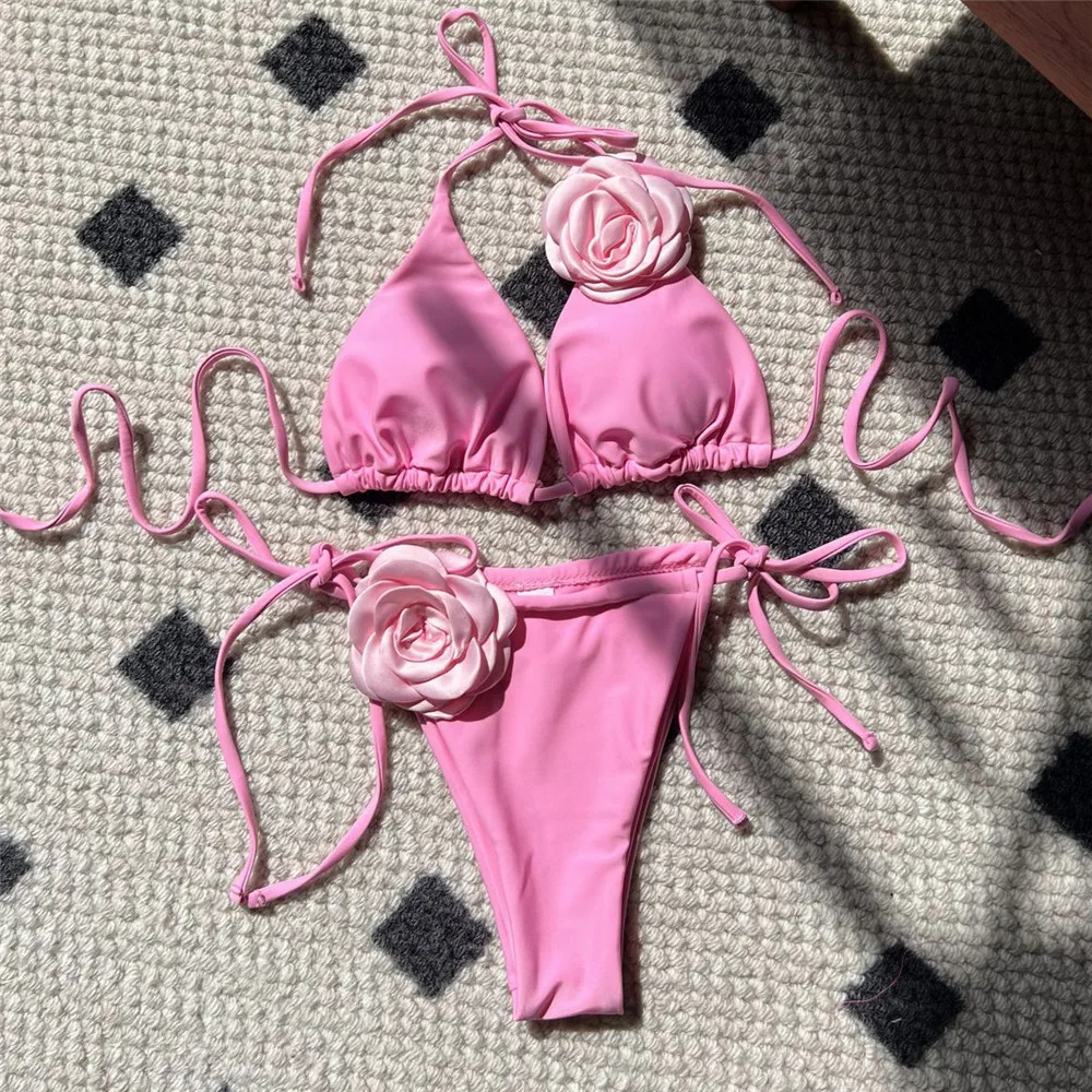 3D Flower White Triangle String Halter Bikinis 2026 Mujer Swimwear Women Sexy Swimsuits Bathing Suit Brazilian Bikini Set Bather