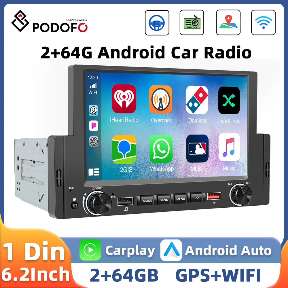 Podofo 6.2'' Car Radio 2+64G 1Din Android Car Stereo Carplay Android Auto Multimedia Player WIFI GPS Navigation FM Autoradio