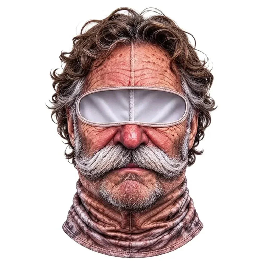 3D-geprinte balaclava met gezichtsmotief, volledige bedekking, ademend, met ooggaten, witte snor, elastische skimasker, capuchon