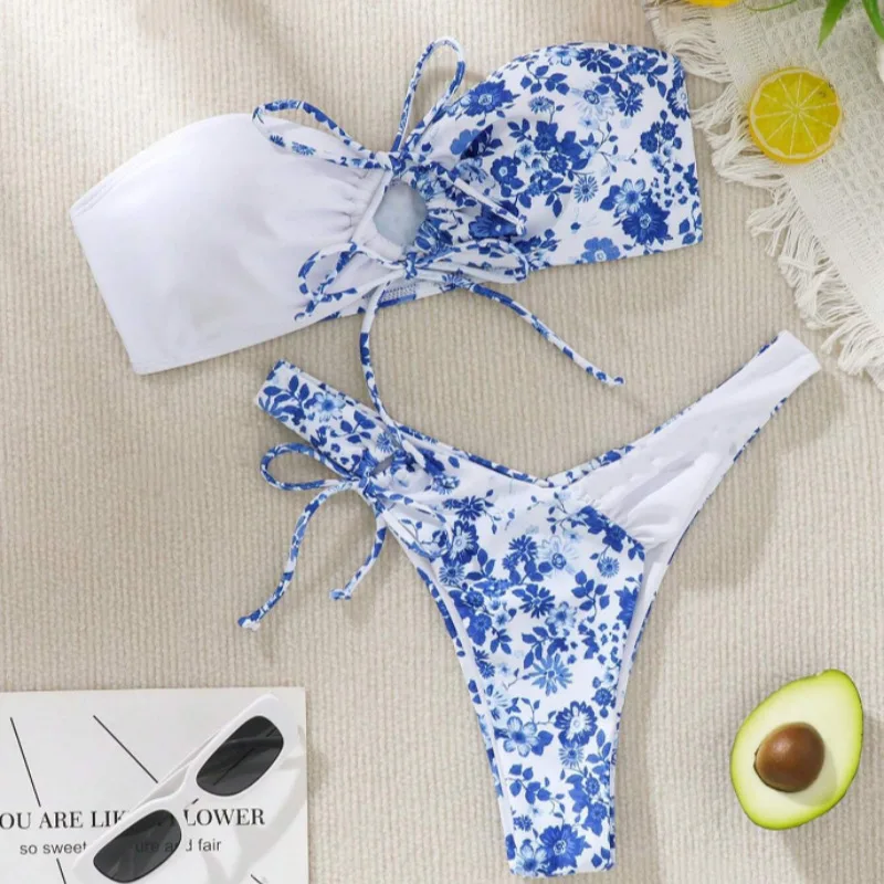 Bikini Bandeau con estampado Floral para mujer, traje de baño Sexy de dos piezas con Tanga, conjunto de Bikini con lazo, 2024